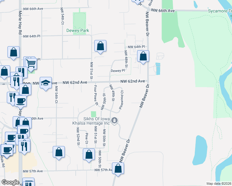 map of restaurants, bars, coffee shops, grocery stores, and more near 6102 Pinewood Court in Johnston