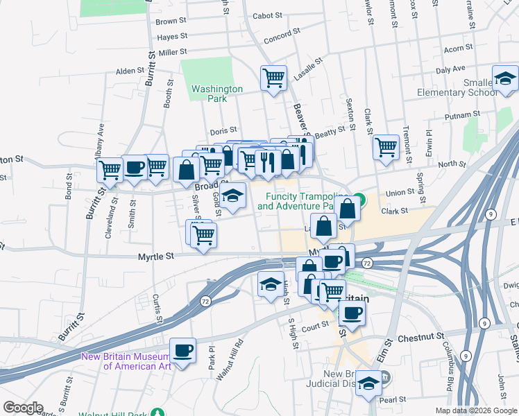 map of restaurants, bars, coffee shops, grocery stores, and more near 75 Grove St in New Britain