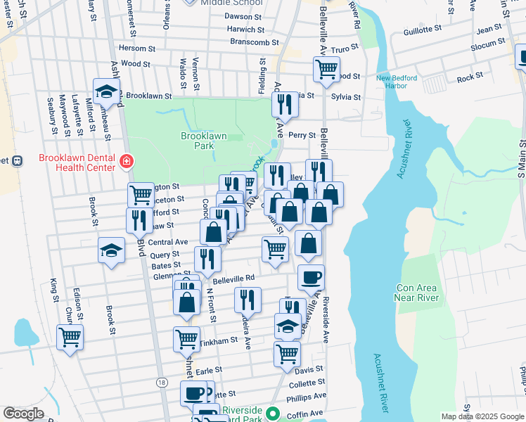 map of restaurants, bars, coffee shops, grocery stores, and more near 103 Shaw Street in New Bedford