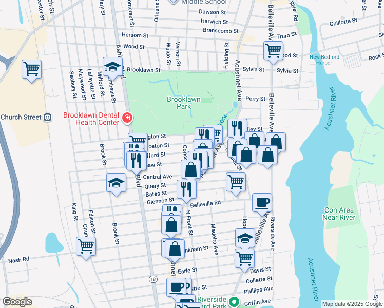 map of restaurants, bars, coffee shops, grocery stores, and more near 40 Concord Street in New Bedford