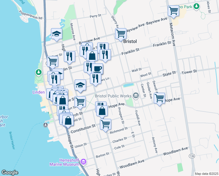 map of restaurants, bars, coffee shops, grocery stores, and more near 46 First School Street in Bristol