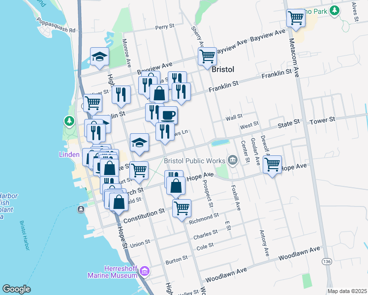 map of restaurants, bars, coffee shops, grocery stores, and more near 46 First School Street in Bristol