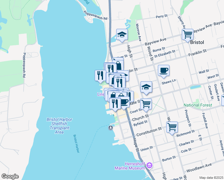 map of restaurants, bars, coffee shops, grocery stores, and more near 343 Thames Street in Bristol