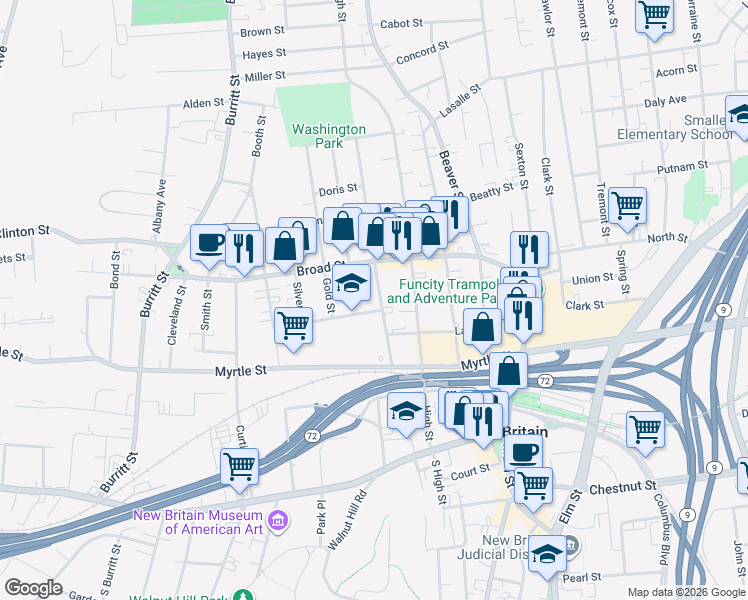 map of restaurants, bars, coffee shops, grocery stores, and more near 44 Grove Street in New Britain