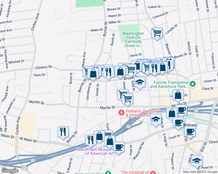 map of restaurants, bars, coffee shops, grocery stores, and more near 202 Curtis Street in New Britain