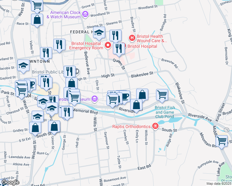 map of restaurants, bars, coffee shops, grocery stores, and more near 332 Queen Street in Bristol
