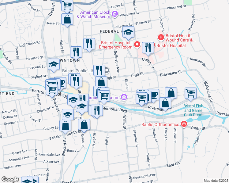 map of restaurants, bars, coffee shops, grocery stores, and more near 71 Riverside Avenue in Bristol