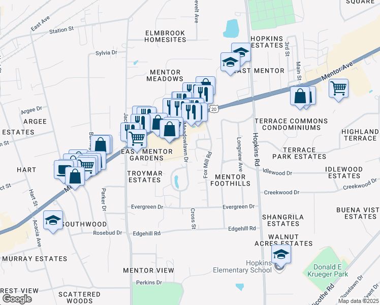 map of restaurants, bars, coffee shops, grocery stores, and more near 17 Meadowlawn Drive in Mentor