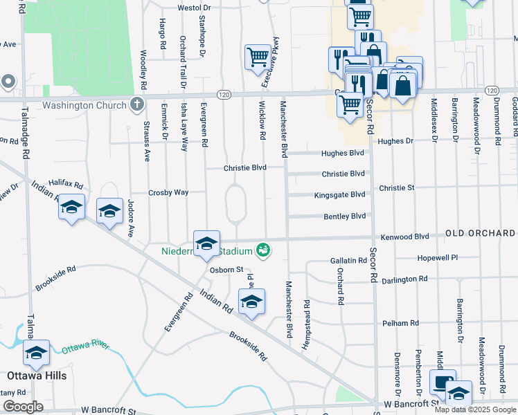 map of restaurants, bars, coffee shops, grocery stores, and more near 2637 Wicklow Road in Toledo