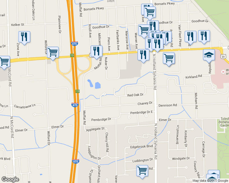 map of restaurants, bars, coffee shops, grocery stores, and more near 2763 Pin Oak Drive in Toledo