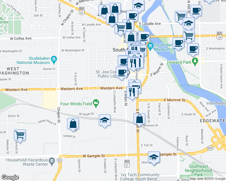 map of restaurants, bars, coffee shops, grocery stores, and more near 432 South Lafayette Boulevard in South Bend