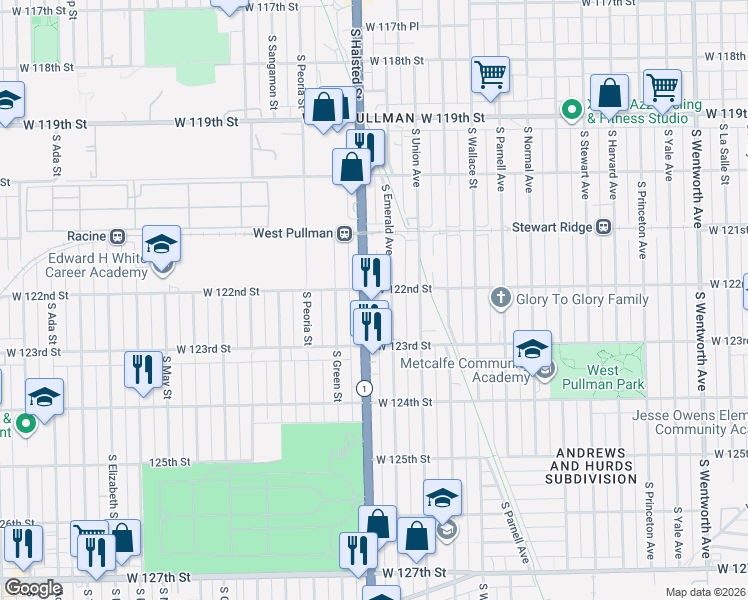 map of restaurants, bars, coffee shops, grocery stores, and more near 12228 South Halsted Street in Chicago