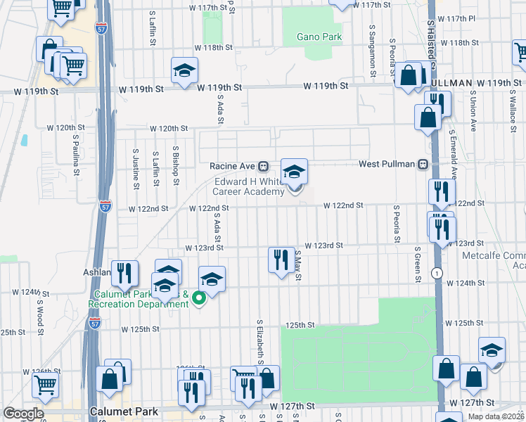 map of restaurants, bars, coffee shops, grocery stores, and more near 12223 South Elizabeth Street in Chicago