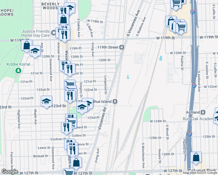 map of restaurants, bars, coffee shops, grocery stores, and more near 12201 Longwood Drive in Blue Island