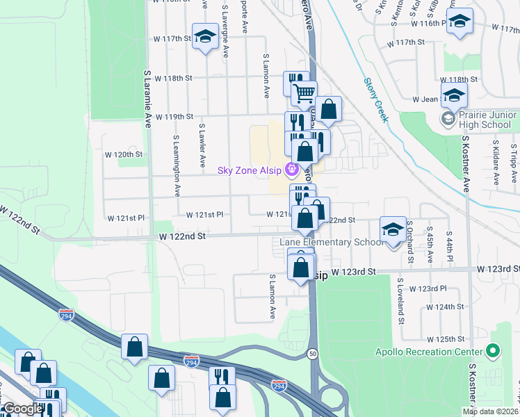 map of restaurants, bars, coffee shops, grocery stores, and more near 4867 West 121st Place in Alsip