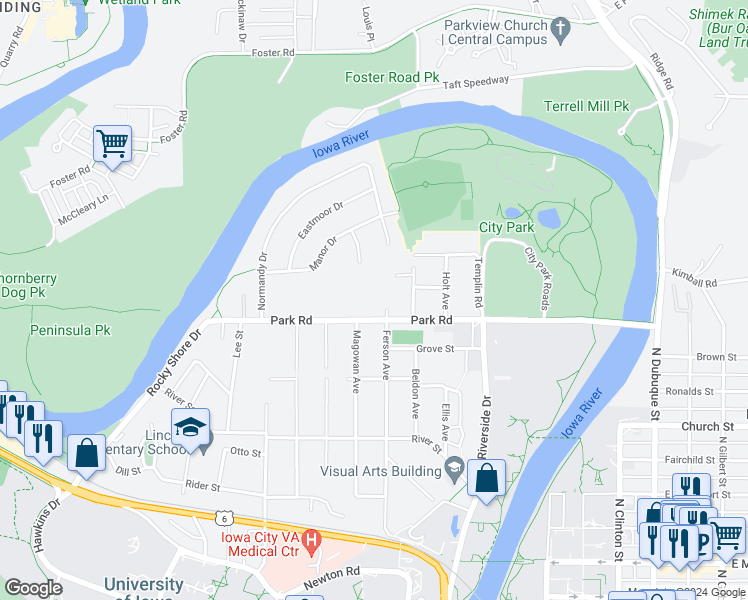 map of restaurants, bars, coffee shops, grocery stores, and more near 404 Park Road in Iowa City
