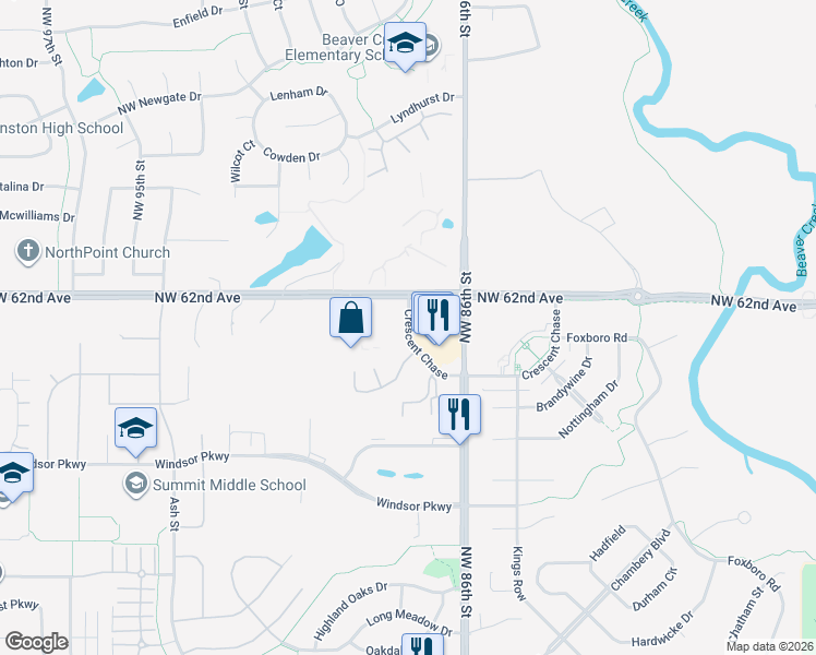 map of restaurants, bars, coffee shops, grocery stores, and more near 8650 Crescent Chase in Johnston