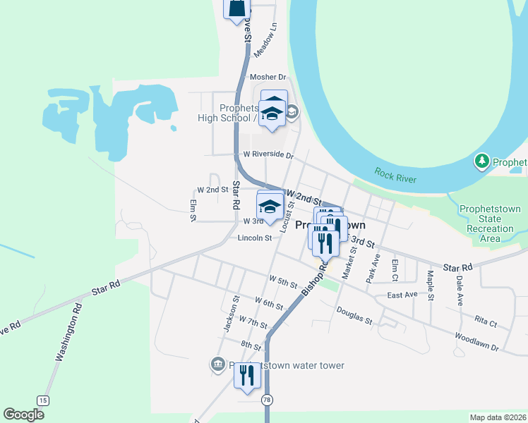 map of restaurants, bars, coffee shops, grocery stores, and more near 316 West 3rd Street in Prophetstown
