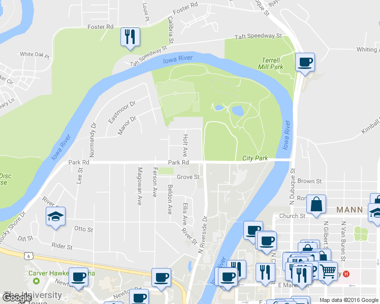 map of restaurants, bars, coffee shops, grocery stores, and more near 516 Holt Avenue in Iowa City