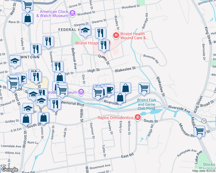 map of restaurants, bars, coffee shops, grocery stores, and more near 332 Queen Street in Bristol