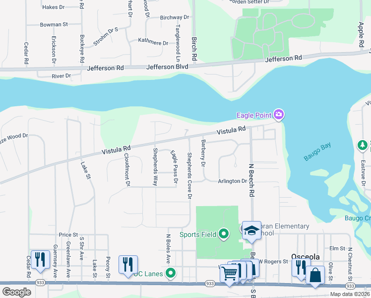 map of restaurants, bars, coffee shops, grocery stores, and more near Eagle Pass Dr in Osceola
