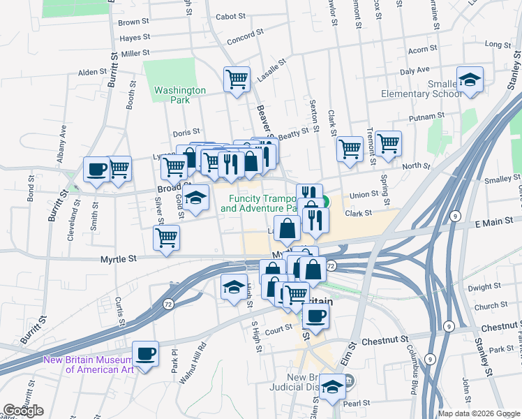 map of restaurants, bars, coffee shops, grocery stores, and more near 156 Washington Street in New Britain