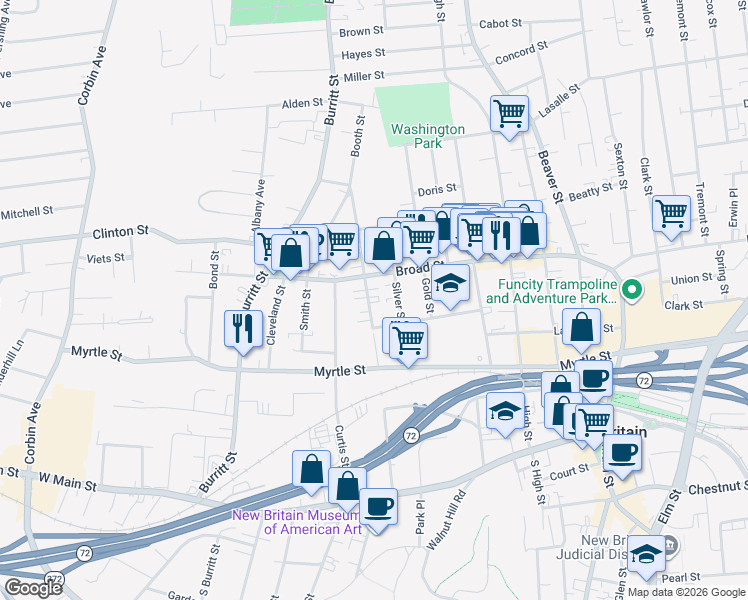 map of restaurants, bars, coffee shops, grocery stores, and more near 50 Booth Street in New Britain