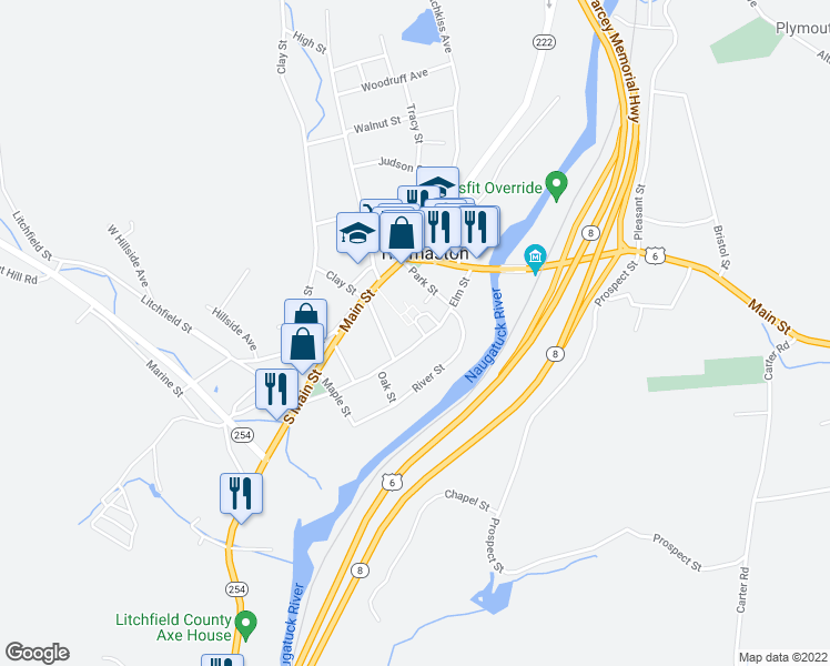 map of restaurants, bars, coffee shops, grocery stores, and more near 147 Elm Street in Thomaston