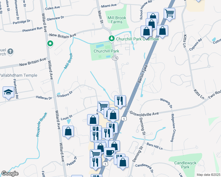 map of restaurants, bars, coffee shops, grocery stores, and more near 2115 Main Street in Newington