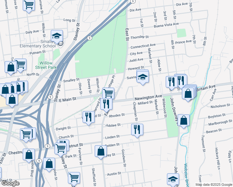 map of restaurants, bars, coffee shops, grocery stores, and more near East Main Street & East Street in New Britain