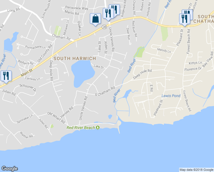 map of restaurants, bars, coffee shops, grocery stores, and more near 30 South Chatham Road in Harwich