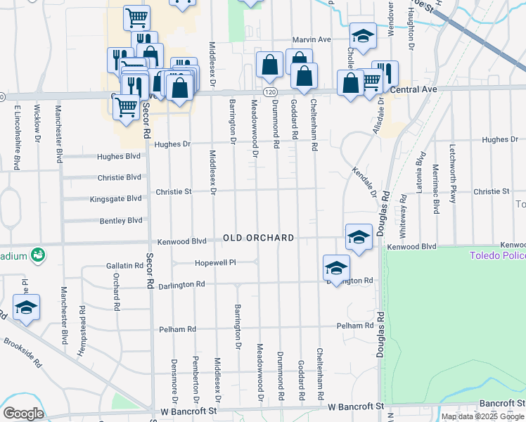 map of restaurants, bars, coffee shops, grocery stores, and more near 2623 Meadowwood Drive in Toledo