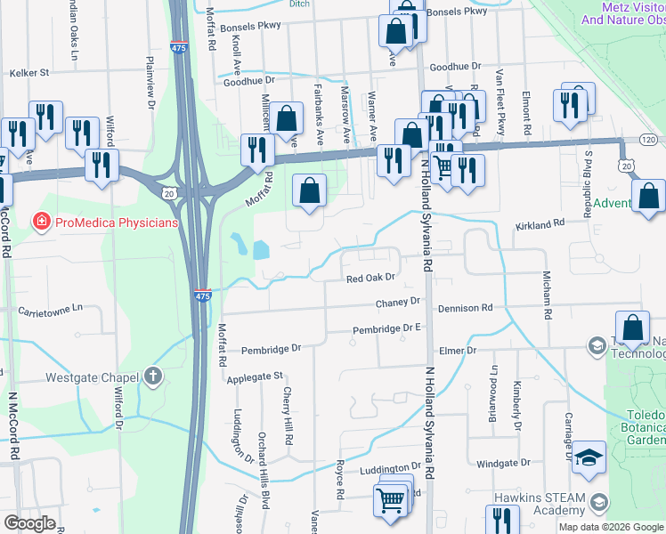 map of restaurants, bars, coffee shops, grocery stores, and more near 6037 Red Oak Drive in Toledo