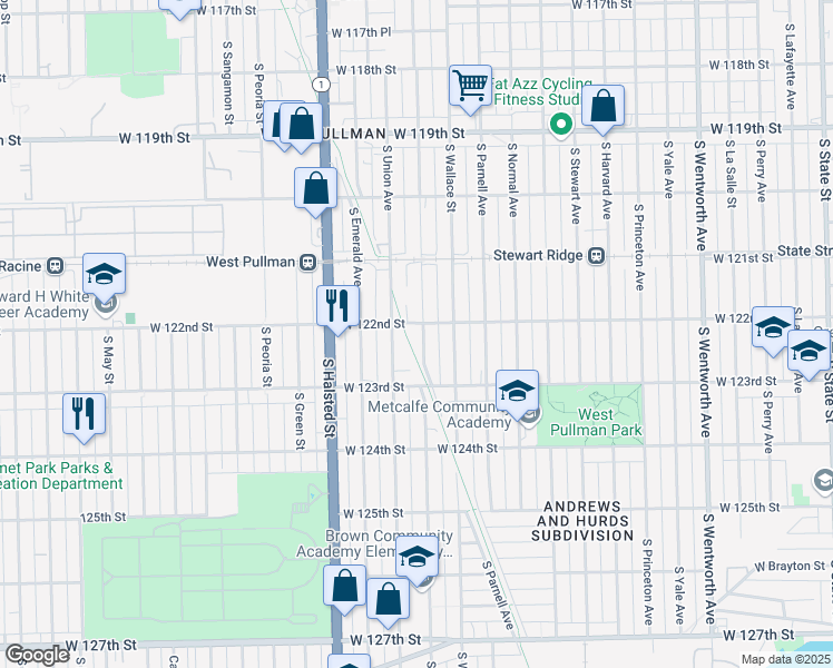 map of restaurants, bars, coffee shops, grocery stores, and more near 12210 South Lowe Avenue in Chicago