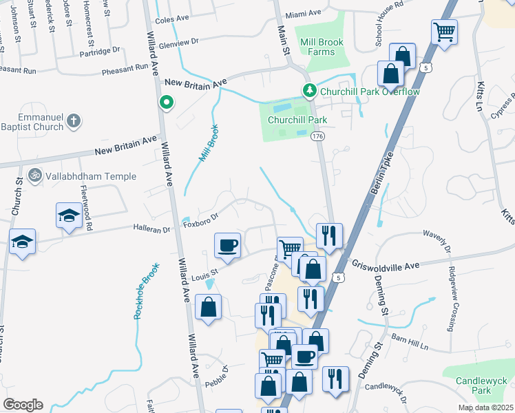 map of restaurants, bars, coffee shops, grocery stores, and more near 123 Fox Run Court in Newington