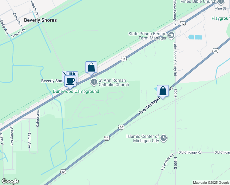 map of restaurants, bars, coffee shops, grocery stores, and more near Douglas Loop in Porter County