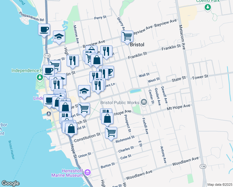 map of restaurants, bars, coffee shops, grocery stores, and more near 217 State Street in Bristol