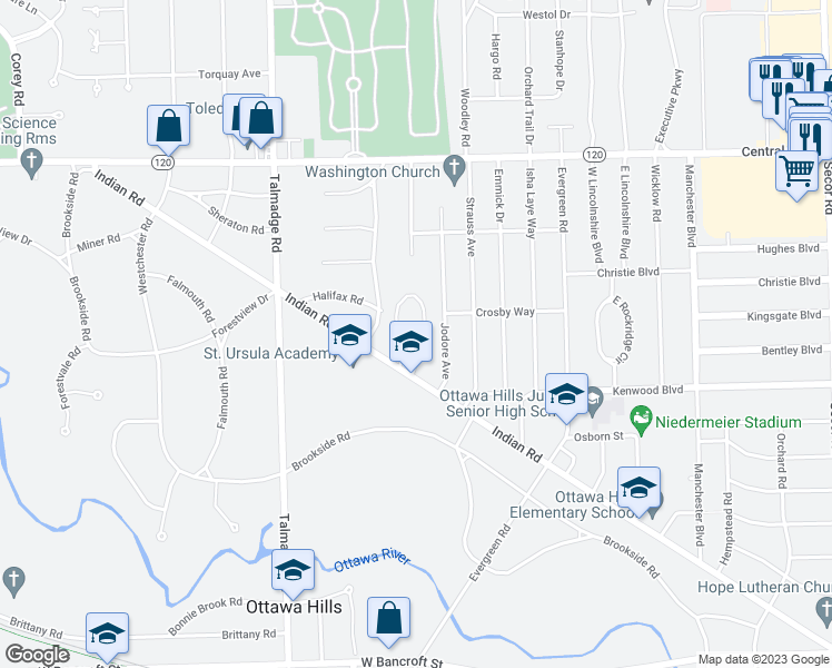 map of restaurants, bars, coffee shops, grocery stores, and more near 4020 Indian Road in Toledo