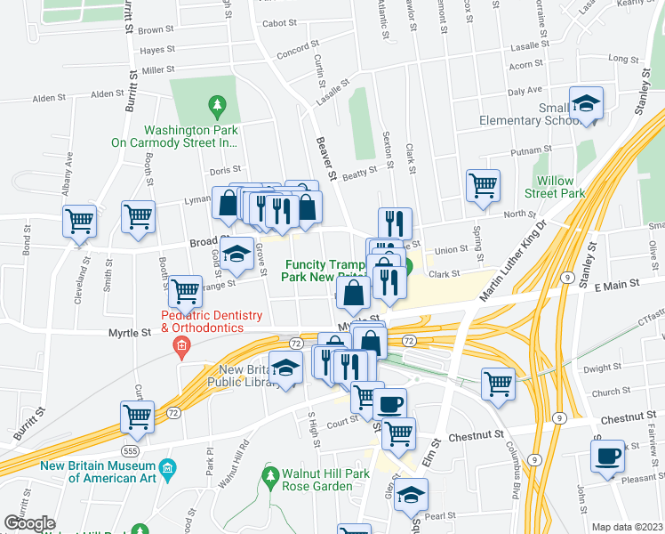 map of restaurants, bars, coffee shops, grocery stores, and more near 155 Washington St in New Britain