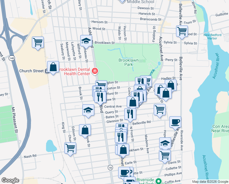 map of restaurants, bars, coffee shops, grocery stores, and more near 275 Shaw Street in New Bedford