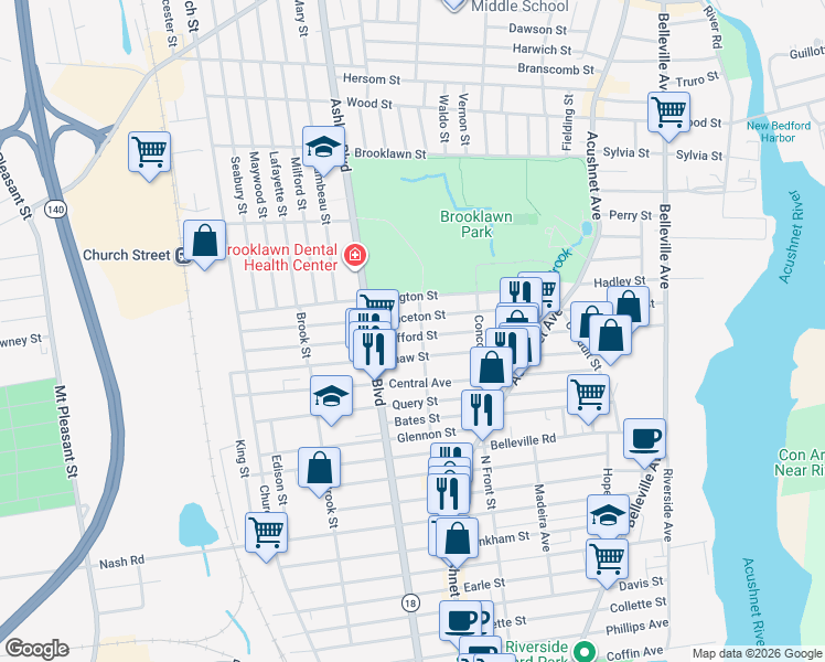 map of restaurants, bars, coffee shops, grocery stores, and more near 275 Shaw Street in New Bedford