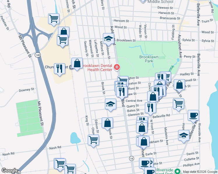 map of restaurants, bars, coffee shops, grocery stores, and more near 222 Clifford Street in New Bedford