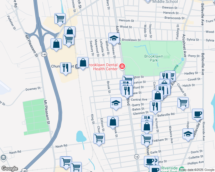 map of restaurants, bars, coffee shops, grocery stores, and more near 270 Clifford Street in New Bedford