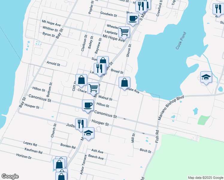 map of restaurants, bars, coffee shops, grocery stores, and more near 42 Clement Street in Tiverton