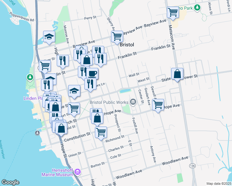map of restaurants, bars, coffee shops, grocery stores, and more near 24 2nd School Street in Bristol