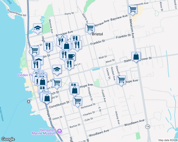 map of restaurants, bars, coffee shops, grocery stores, and more near 24 2nd School Street in Bristol