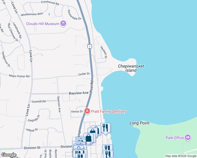map of restaurants, bars, coffee shops, grocery stores, and more near 68 Oak Grove Street in East Greenwich