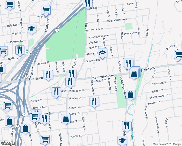map of restaurants, bars, coffee shops, grocery stores, and more near 98 Newington Avenue in New Britain