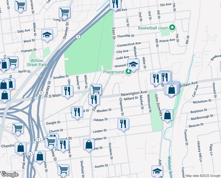 map of restaurants, bars, coffee shops, grocery stores, and more near 60 Newington Avenue in New Britain