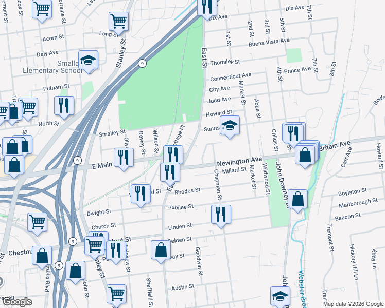 map of restaurants, bars, coffee shops, grocery stores, and more near 685 East Street in New Britain
